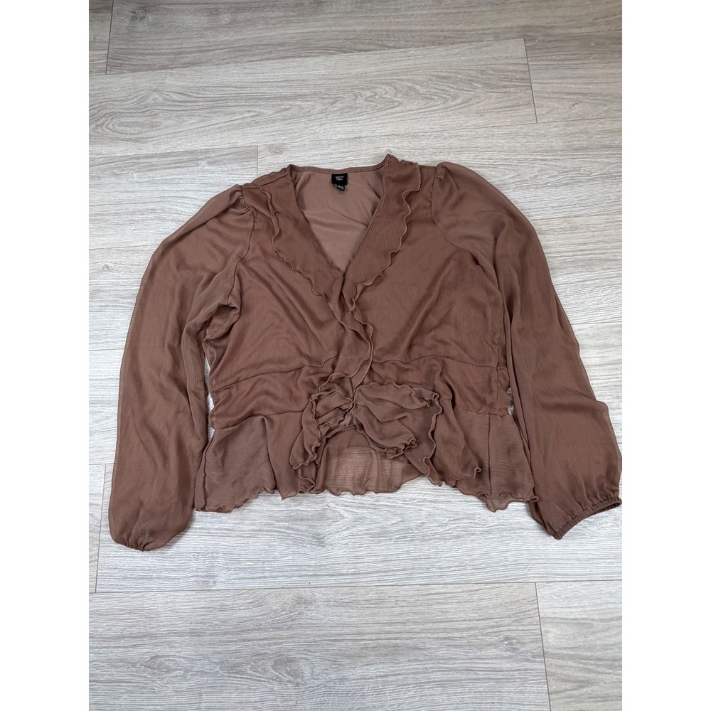 Autres Filles Brown Ruffle Peplum Blouse Sheer Long Sleeve V-Neck XL CHU91503G‎